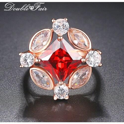 Double Fair Copper Rings For Women Fashion Cubic Zircon Red Crystal Princess Ring Rose Gold Color Brand Jewelry HotSale DFR835