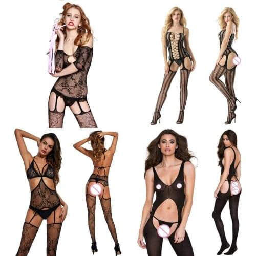 Crotchless Jumpsuit Sexi Women Garter Sexy Lingerie Mesh Transparent Bodysuit Erotic Underwear Ladies See Through Catsuit Sex