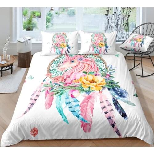 KTLRR Pink Unicorn Duvet Cover Sets,Bohemian Feather Dreamcatcher Flowers Bedding Sets,Kids Home Decoration Bed Set