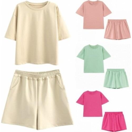 Summer Casual Loose Tacksuits Women 2021 Streetwear Solid 2 Peice Set Female Harajuku Cotton T Shirts Shorts Suits