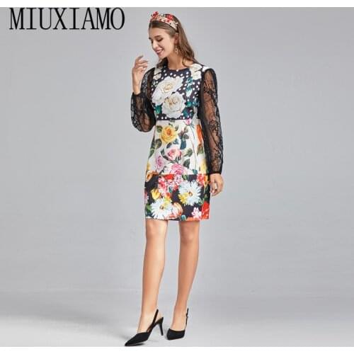 MIUXIMAO 2021 Spring/Summer New Designer Fashion Party Vacation Chic Lace Long Sleeve Stitching Flower Print Dress Vestidos