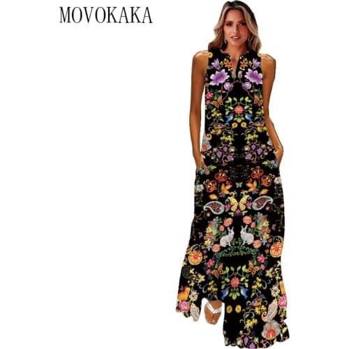 MOVOKAKA Floral Print V Neck Sleeveless Dress Summer Holiday Beach Casual Elegant Vintage Dresses Woman Party Long Dress Women