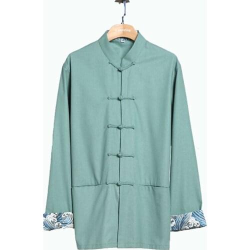Autumn Traditional Chinese Cotton Linen Loose Frock 5 Buttons Blouse Tops New Mens Long Sleeve Kung Fu Shirt
