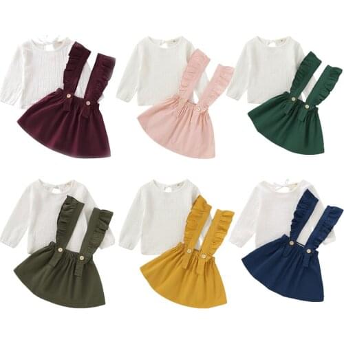 1-6Y Toddler Kids Baby Girl Summer Clothes Sets Long Sleeve Cotton T-shirt Tops Ruffles Suspender Skirt 2PCS Princess Set