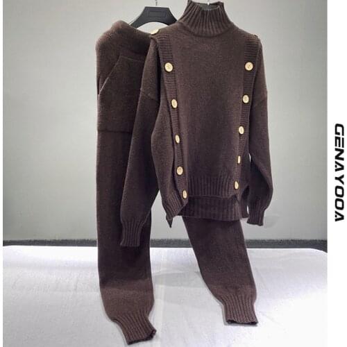 Genayooa Korean 2 Piece Set Women Casual Knitted Tracksuit Khaki Elastic Two Piece Set Top And Pants Winter Sweat Suit Set