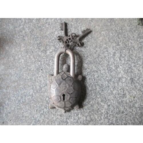 Elaborate ancient Chinese old copper longevity turtle statue auspicious lock and key