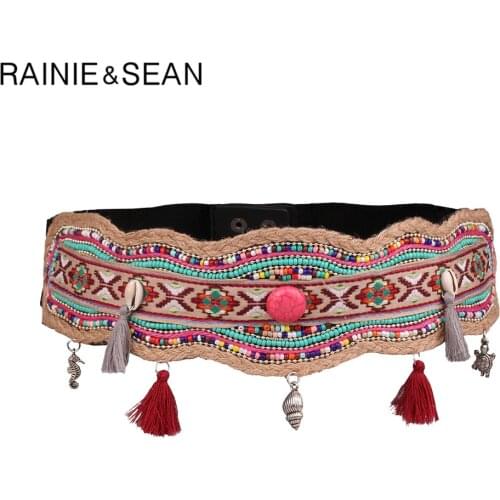 RAINIE SEAN Ethnic Waistband Elastic for Women Boho Colorful Resin Beads Wide Dress Belts Shell Wax Rope Handmade Cummerbund