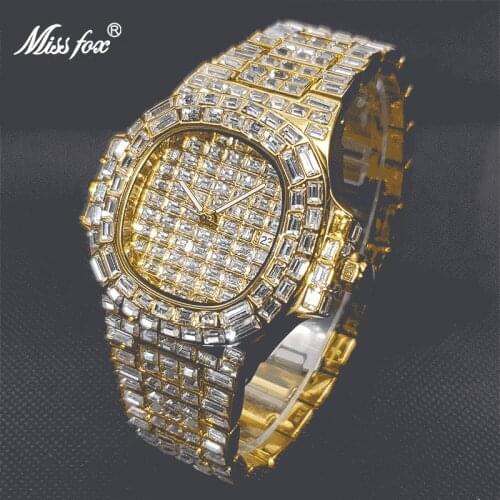 Relogio Masculino de Luxo 18K Gold Mens Watch With Wide Strap Full Ice Out Baguette Diamond Square Quartz Watches Dropshiping