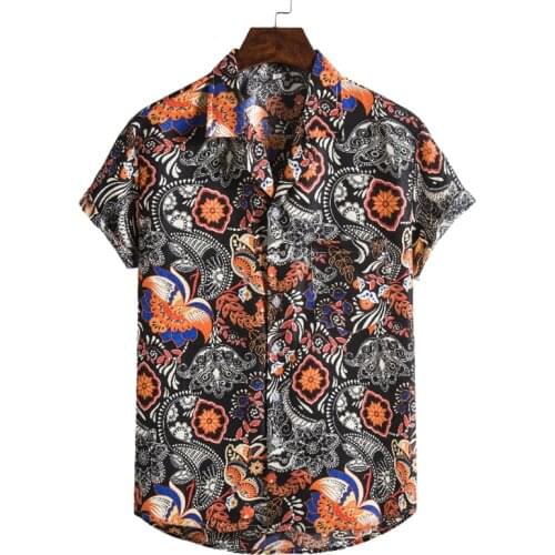 Men Summer Floral Loose Shirt Printed Turn Down Collar Short Sleeve Hawaiian Casual Streetwear