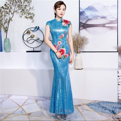 Light Blue Dress Cheongsam Oriental Women Wedding Short Sleeve Party Qipao Chinese Style Elegant Long Robe Clothes Vestido S-4XL