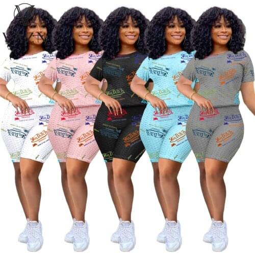 VAZN 2021 Summer Short Sleeve O-neck Loose Letter Causal Sexy Beach Suits 2 Piece Set Women Top And Pant