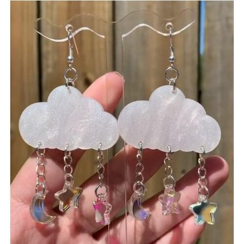 Iridescent Clouds with star and moon -Statement Earrings.Handmade Gift.Lightweight.Hypoallergenic.Mothers Day Gift