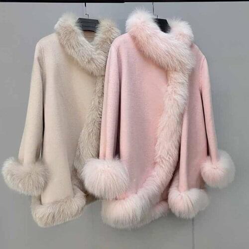 High Quality Female Lovely Pink Real Wool Cashmere Blend Jacket Plush Natural Fox Fur Collar Womens Winter Coat