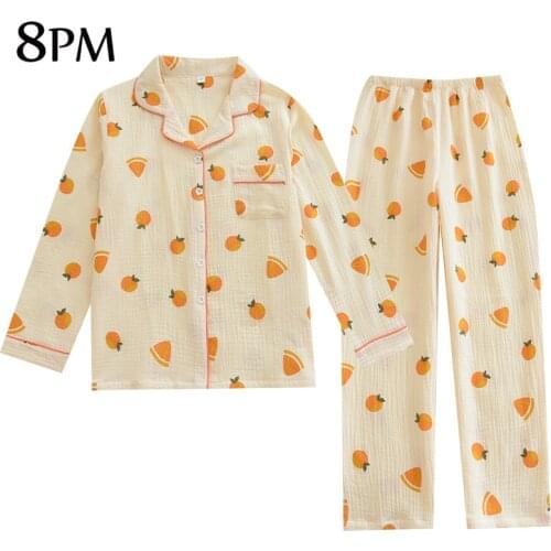 Women Full Cotton Pajamas Sets Long-Sleeved Trousers Suit Tangerine Print Brief Fashion Home Clothes Simple Style Sleepweasr
