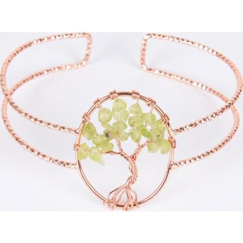 New Chakra Natural Gravel Tree of Life Silver&Gold Color Open Bangle Copper Adjustable Bangle for Women Cuff Wrist Bracelet B001