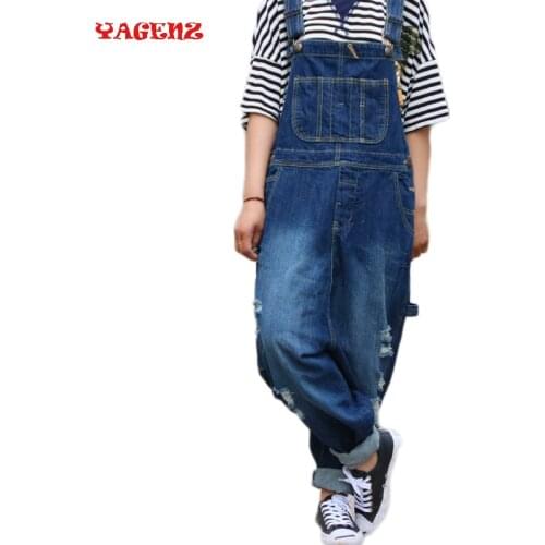 Womens Jumpsuit Denim Overalls Spring Autumn Casual Loose Pants Ripped Pockets Jeans hanging crotch pants collapse