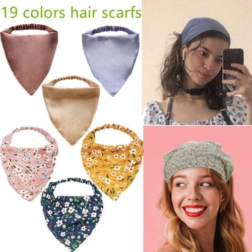 19 Colors Elastic Floral Hair Scarf for Women Headband Triangle Head Kerchief Satin Cotton Blend Fabric Hair Bandana Accessories