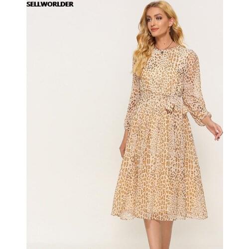 2021 Woman New Summer Office Lady Yellow Leopard Print Long Sleeves Elastic Waist A line Dress