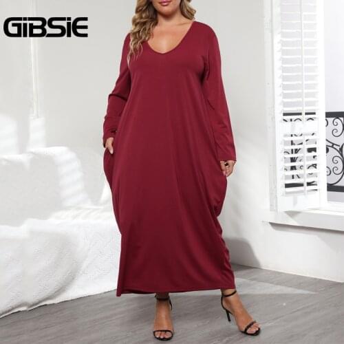 GIBSIE Plus Size V Neck Tie Back Solid Dress Oversized Long Sleeve Dual Pocket Women Dresses 2021 Autumn Casual Maxi Long Dress