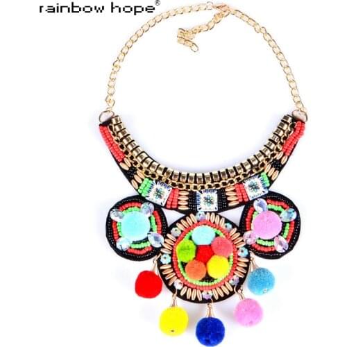 2017 New Trendy jewelry Handmade wool ball Bohemia Necklace Embroidery multicolor Vintage Bead choker collar Ethnic necklace
