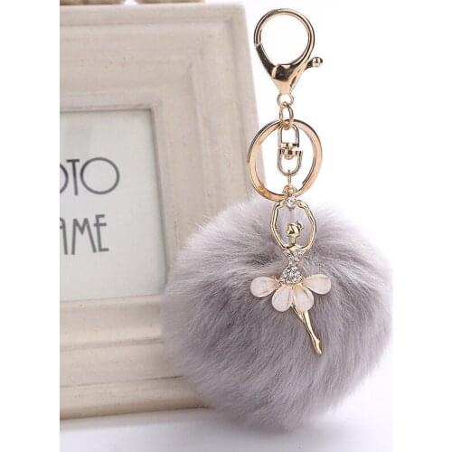 Gold Key Chain Pom Key Rings Fake Rabbit Fur Ball Pompom Angel Girl Fourrure Pompon Women Bag Charms Jewelry Gift