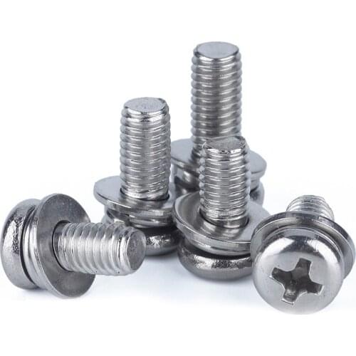 20/50Pcs M2 M2.5 M3 M4 304 Stainless Steel Round Head Three Combination Screws Phillips Pan Head Combination Screw