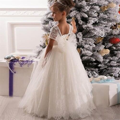 White Flower Girl Dresses Short sleeve Lace Applique Fluffy Tulle Pageant Gown For Girl First Holy Communion Party Dresses