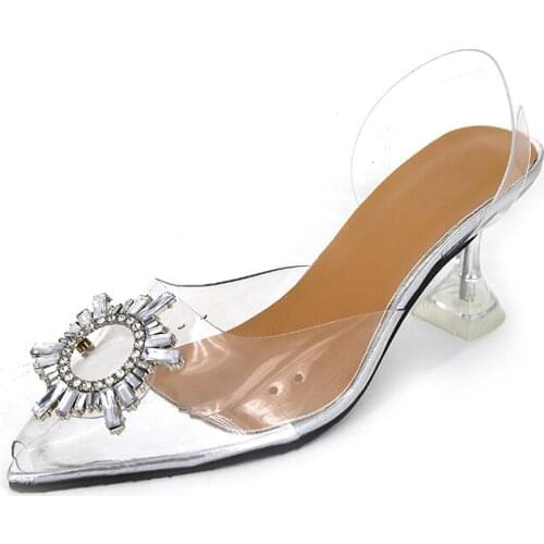 Summer Sandals Women Shoes Woman Clear Transparent Rhinestone Crystal Circle Buckle Pointed Toe Square High Heels Ladies Shoes