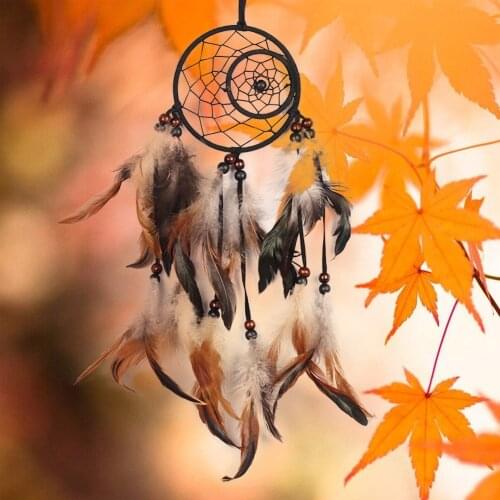 Black Handmade Dream Catcher With Feathers Wall Hanging Decoration Feather Muzhu Hoops feather+Genuine Leather Dreamcatcher