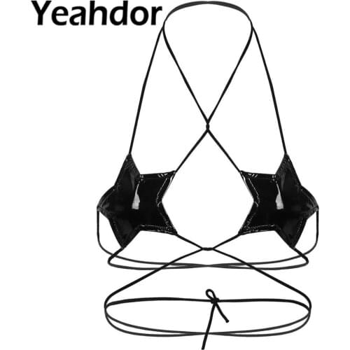 Black Women Wet Look Patcent Leather Bra Top Sexy Lingerie Halter Neck Strappy Wrap Around Star Shape Bralette Female Underwear