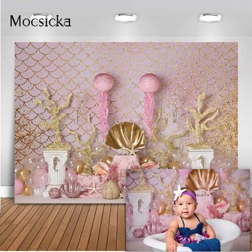 Under the sea Pink Mermaid Birthday Backdrop for Photography Little Mermaid Princess 1st Birthday Cake Smash Newborn Portrait