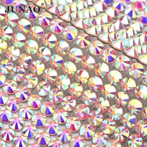 JUNAO 24*40cm Top Quality Hotfix Glass Crystal AB Rhinestone Mesh Fabric Flatback Strass Trim Crystals Mesh Banding Decoration