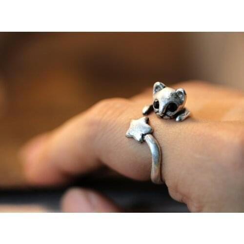 Womens Retro Kitty Cat Ring Star Tail Adjustable Free Size Black Crystal In the eyes Wrap Ring Silver Tone gift idea