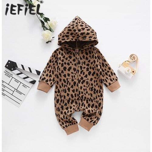 Newborn Baby Girls Boys Leopard Print Hooded Romper Toddler Kids Long Sleeve Front Pockets Zipper Jumpsuit Baby Loose Clothes