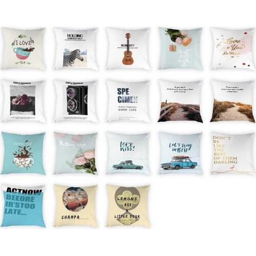 Small Fresh Style Print Cushion Cover Car Alphabet Plant Pattern Pillow Case Home Decoration Peach Skin Pillow Case 45*45cm