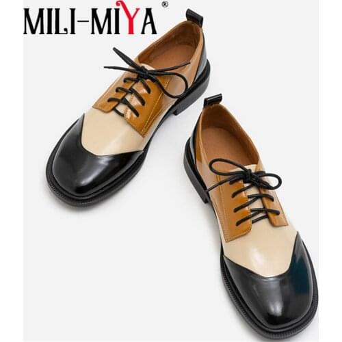 MILI-MIYA Classic Mixed Color Design Fashion Street Women Cow Leather Pumps Round Toe Thick Heels Lace Up Shoes Handmade