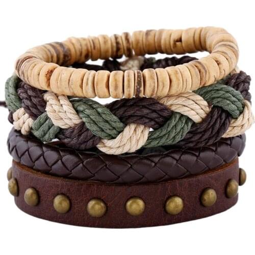 Fashion Vintage Hippie Leather Bracelet Set Weave Rope Multilayer Beads Charm Bangle Wrap Wristbands for Women Men Retro Jewelry