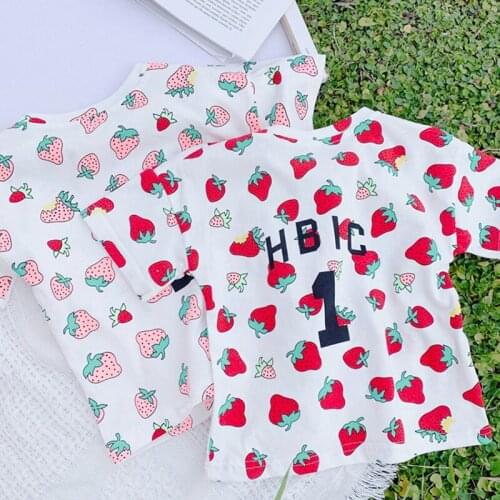 New Fashion Baby Kids Girls Fashion Casual Strawberry Cartoon Pattern Short Sleeves Round Collar Cotton Summer T-shirt