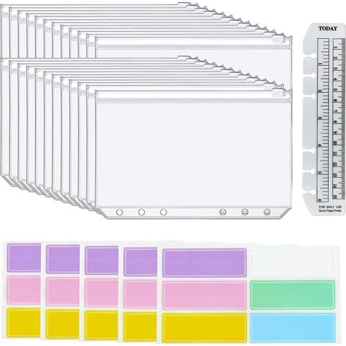 Binder Pockets A6 Size 6 Holes Binder Zipper Waterproof PVC Cash Budget Envelopes for 6 Ring Binder Notebooks, Documents