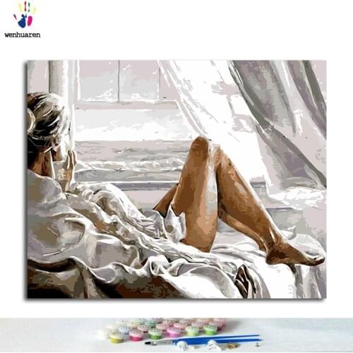 Paint by number, paint with paint, woman lying in bed, paint home decorations digitally according to the picture