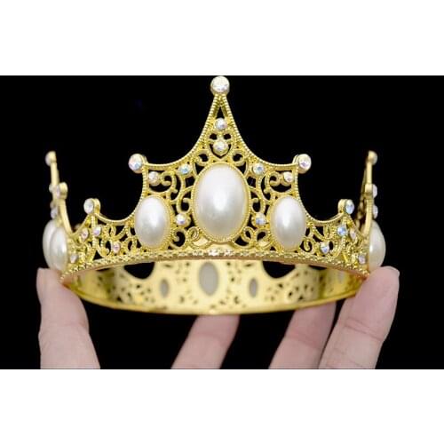Luxury Mini Golden Silver Pearl Crown Cake Topper Metal Hollow Shiny Handmade Cake Decor Kids Birthday Party Wedding Supplies