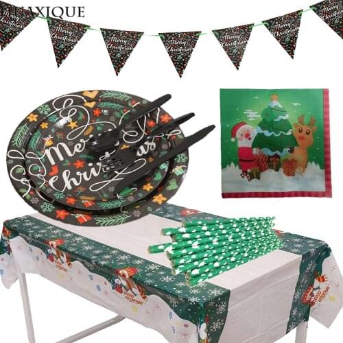 Merry Christmas Party Decor Santa Claus Elk Xmas Tree Disposable Tableware Napkin Paper Cup Plate Straws New Year Banner Pennant
