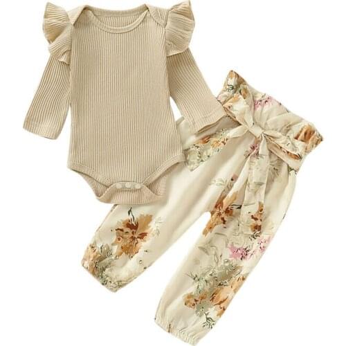 Newborn Baby Girl Ruffle Knitted Long Sleeve Romper + Floral Pants 2Pcs Outfit