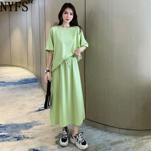 NYFS 2021 Korean New Summer Pure cotton Women Set Camouflage Loose Short Sleeve Solid Tops+Skirts 2 piece set Woman Skirts set