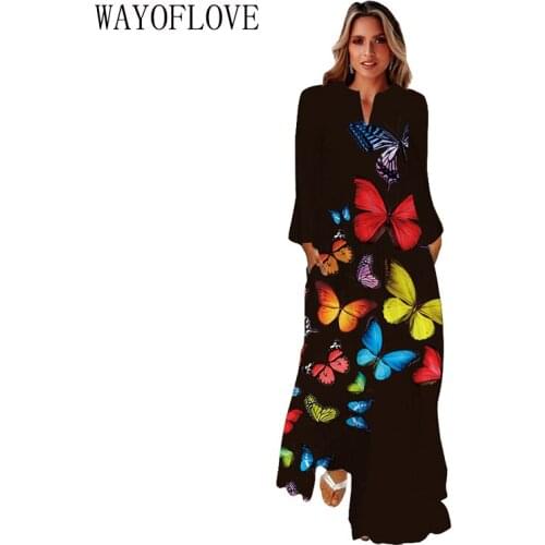 WAYOFLOVE 3D Butterfly Printed Black Dress 2021 Casual Long Sleeve Elegant Dresses Woman Girls Plus Size Autumn Long Dress Women
