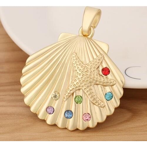 2 Pieces Matte Gold Large Seashell Scallop Shell & Starfish Rhinestone Charms Pendants for Necklace Jewellery Making 65x52mm
