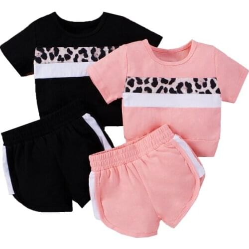 2021 New Toddler Boy Girl Clothes Sets 2pcs Toddler Leopard Patchwork Short Sleeve T-Shirt Top Shorts Outfits Summer Sunsuit