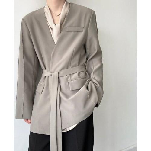 2021 Autumn Korean style Personalized Collarless design Suit men Casual loose Lace black Blazers for men M-XL