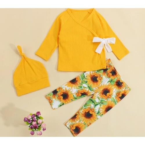 3Pcs Baby Print Clothes Suit V-Neck Long Sleeves Tied Tops Sunflower Print Pants Hat Suit for Toddlers Girls Boys 0-18 Months