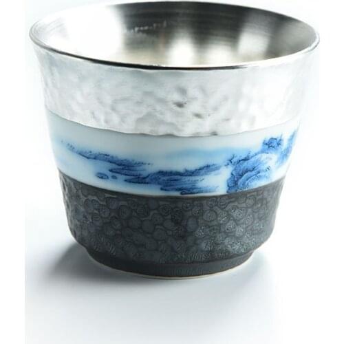999 Pure Silver Silver Tea Cup Single Blue And White Porcelain Kungfu Teaware Articles Tea Cup Master Cup Health Cup Handmade